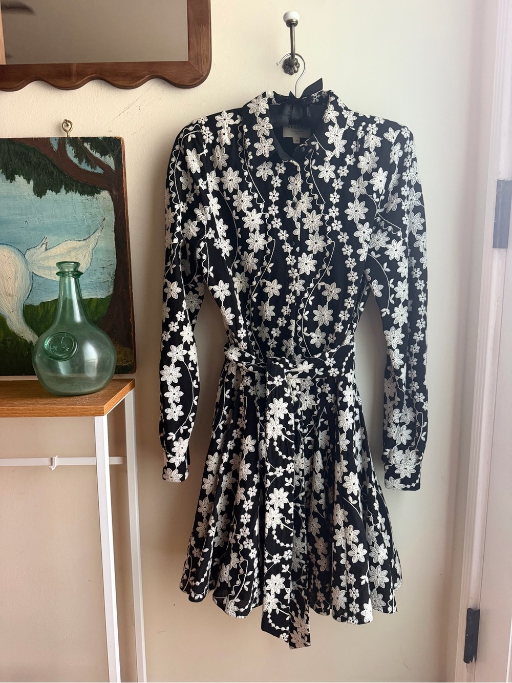 Sézane Black Embroidered Floral Shirt Dress Belted Size 34 XS